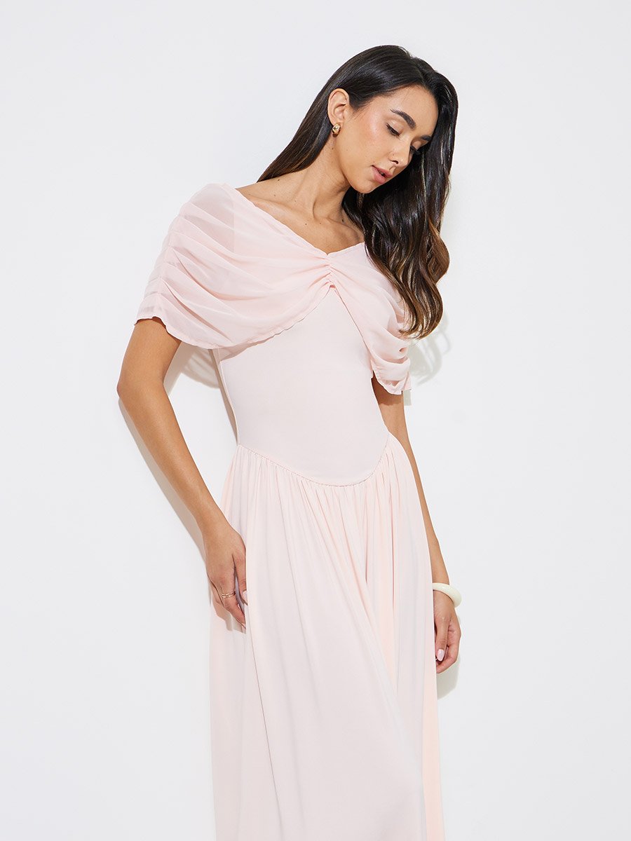 Light Pink A-Line Maxi Dress with Removable Short Cape