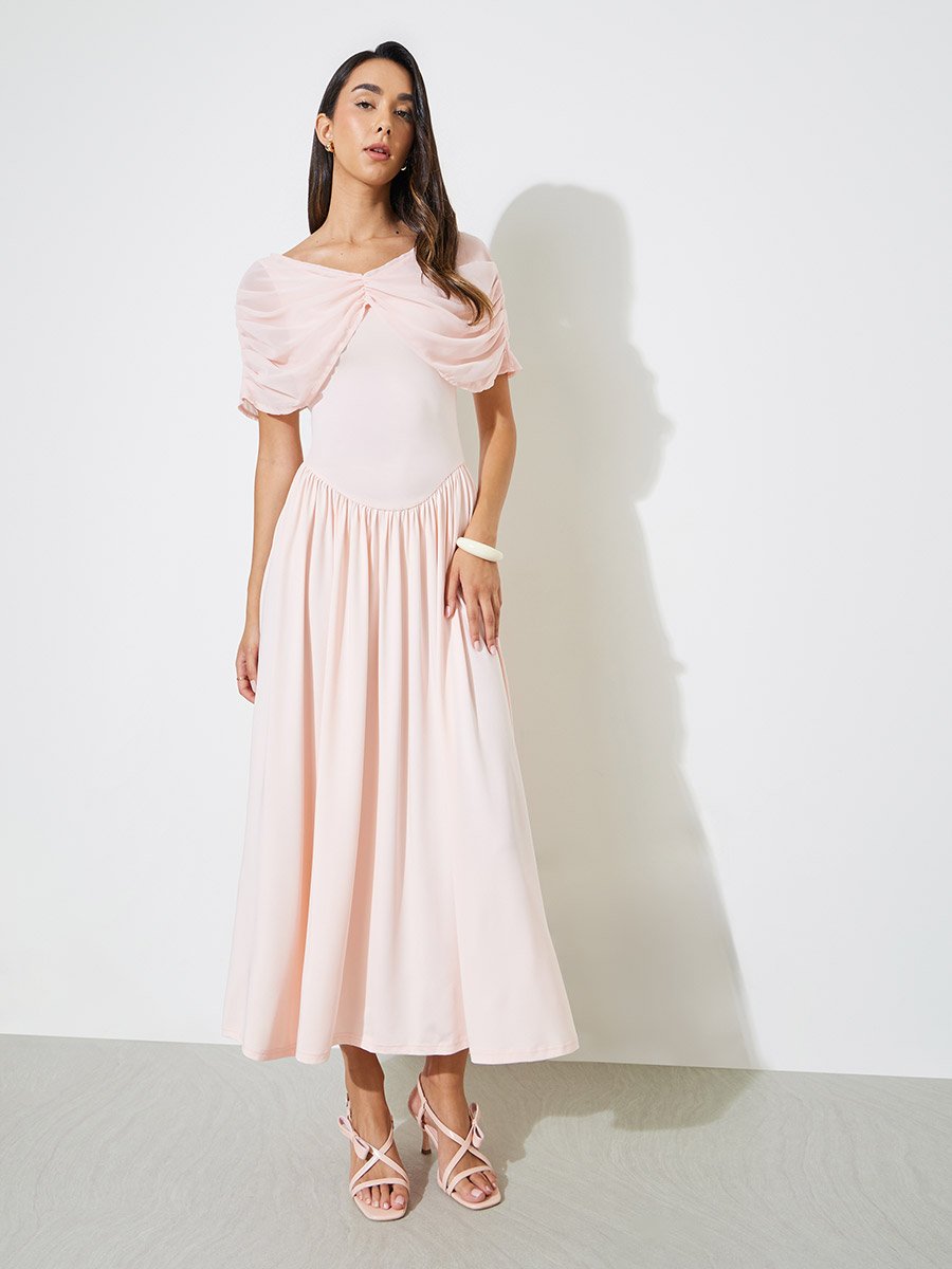 Light Pink A-Line Maxi Dress with Removable Short Cape