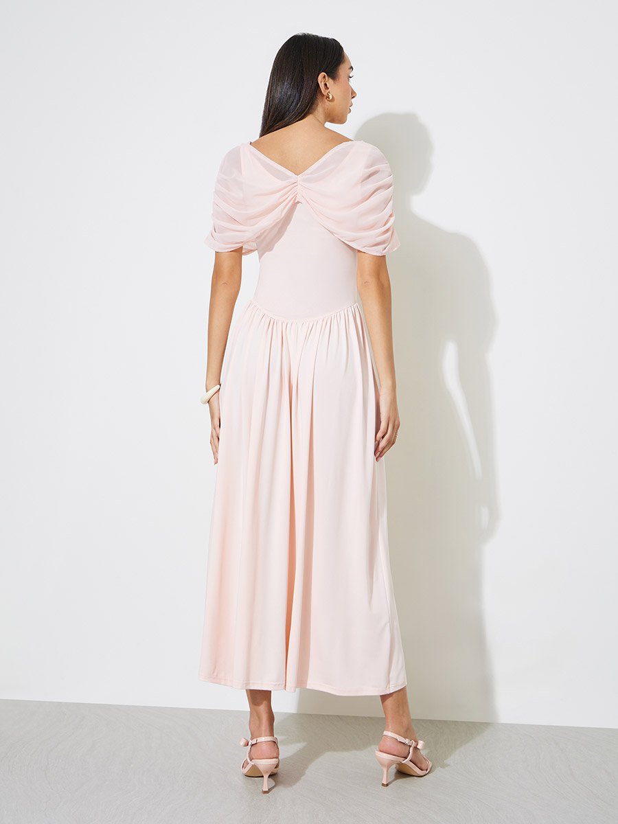 Light Pink A-Line Maxi Dress with Removable Short Cape