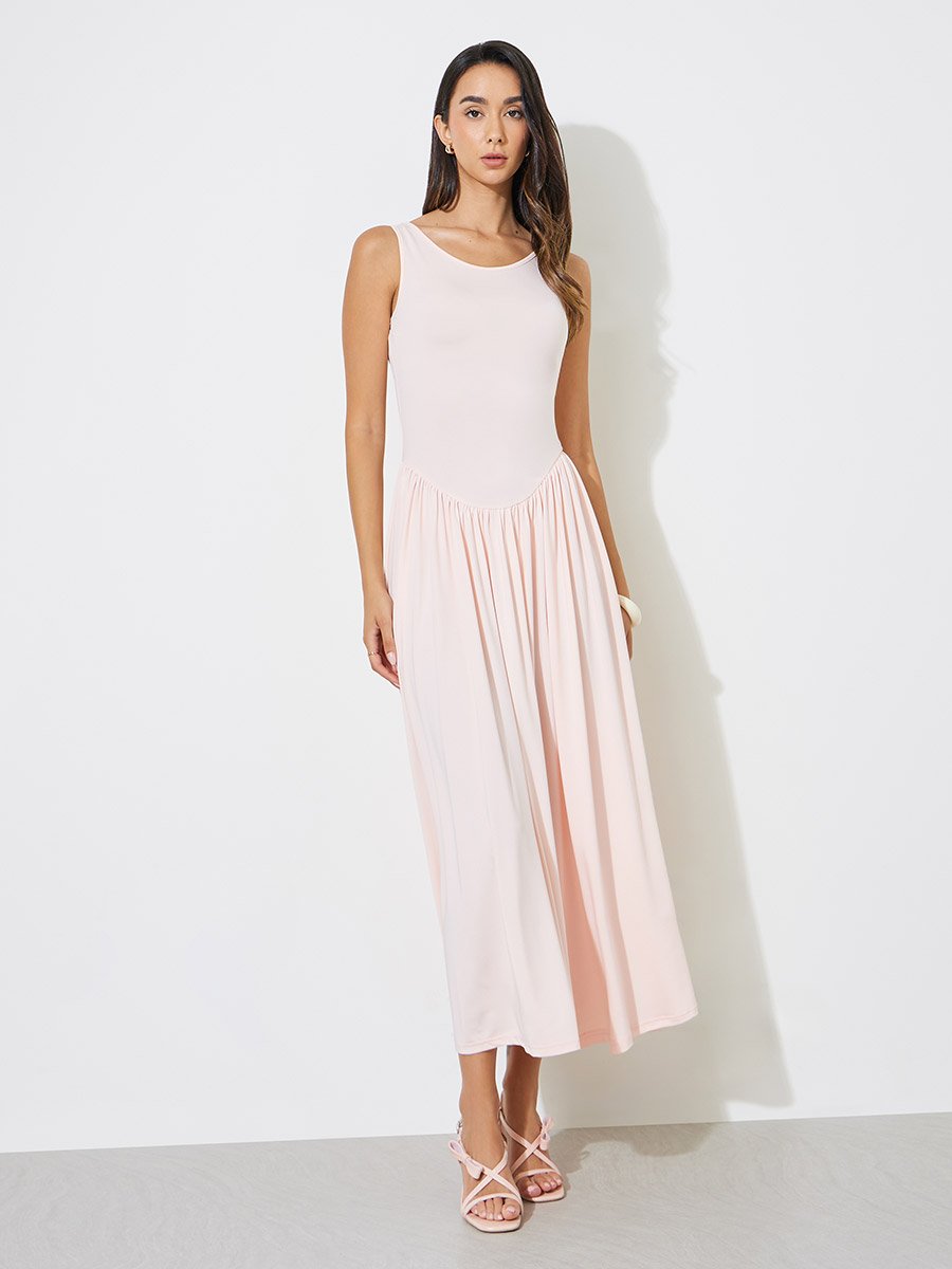 Light Pink A-Line Maxi Dress with Removable Short Cape