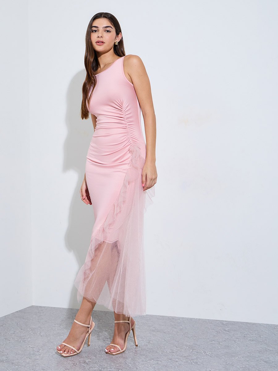 Pink Bodycon Midi Dress with Tulle Detail