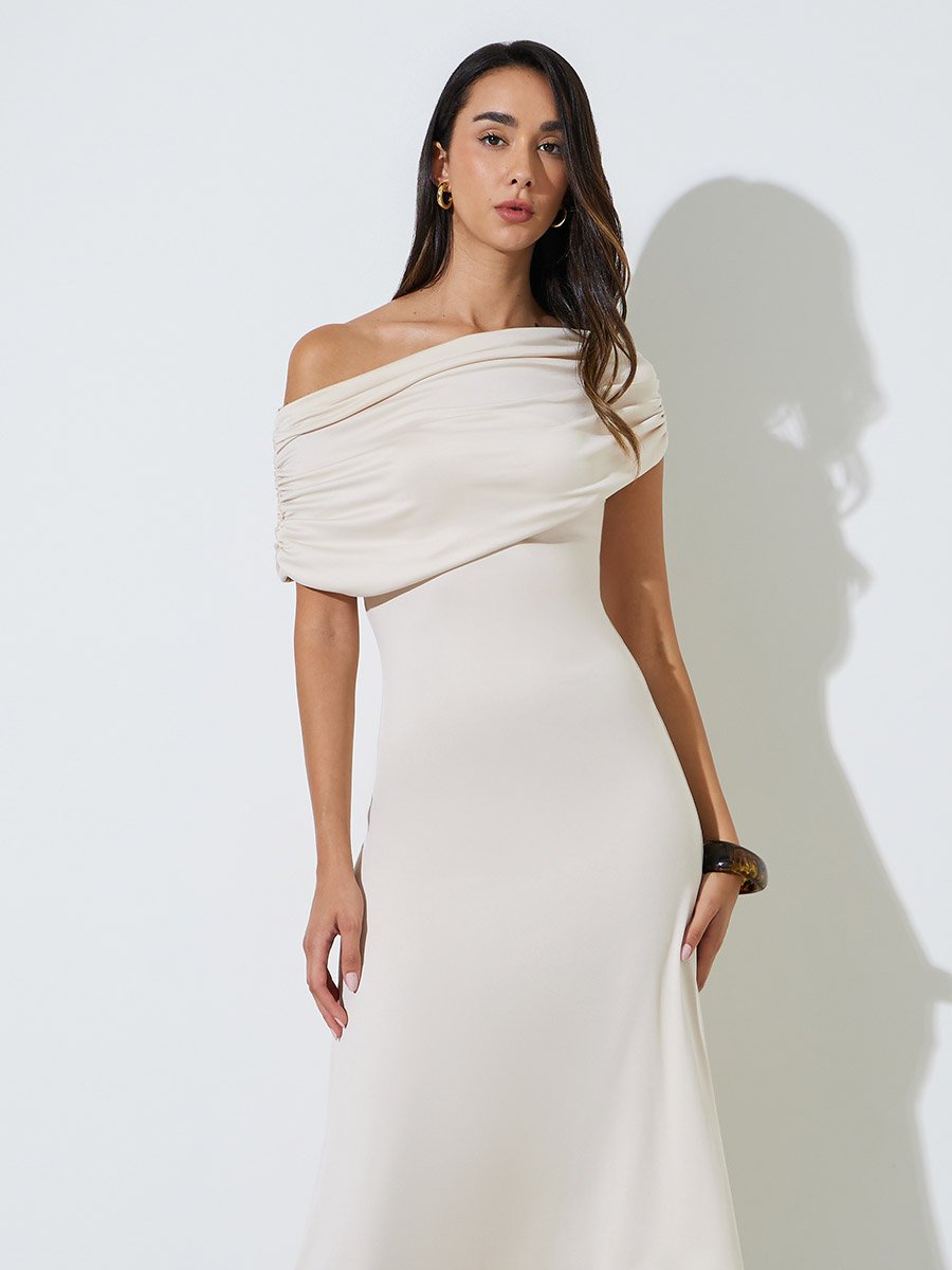 Beige Asymmetric Neck Ruched Maxi Dress
