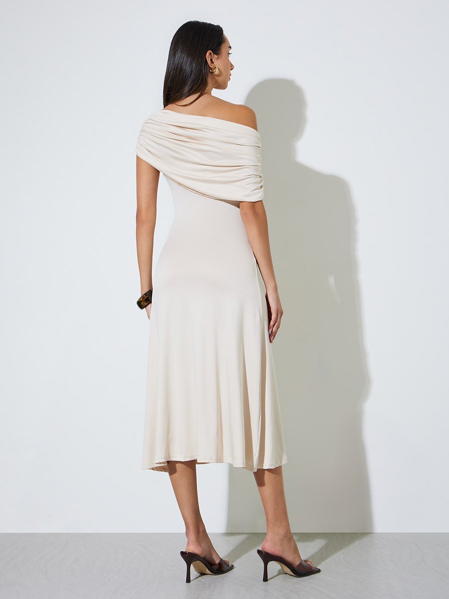 Beige Asymmetric Neck Ruched Maxi Dress