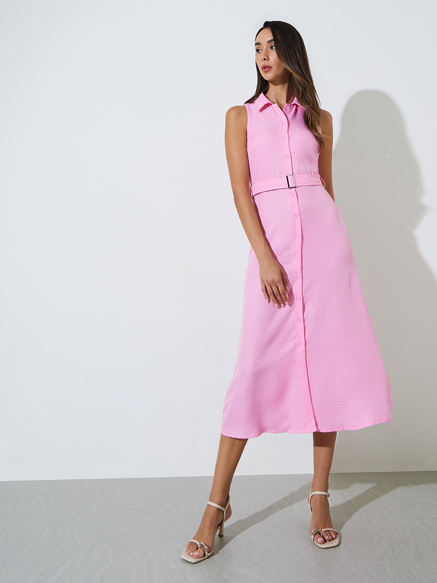 Pink Sleeveless Belted Shirt Midi Dress