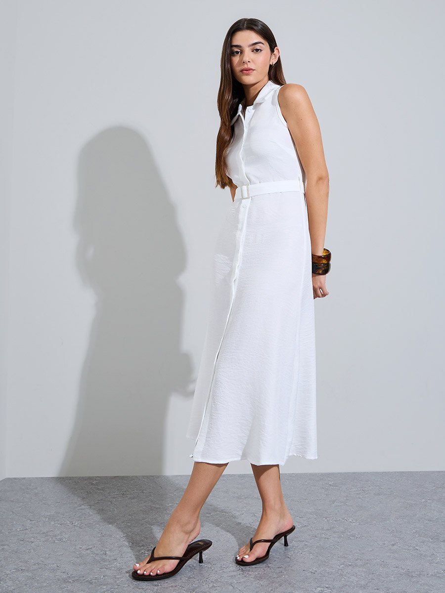 White Sleeveless Belted Shirt Midi Dress