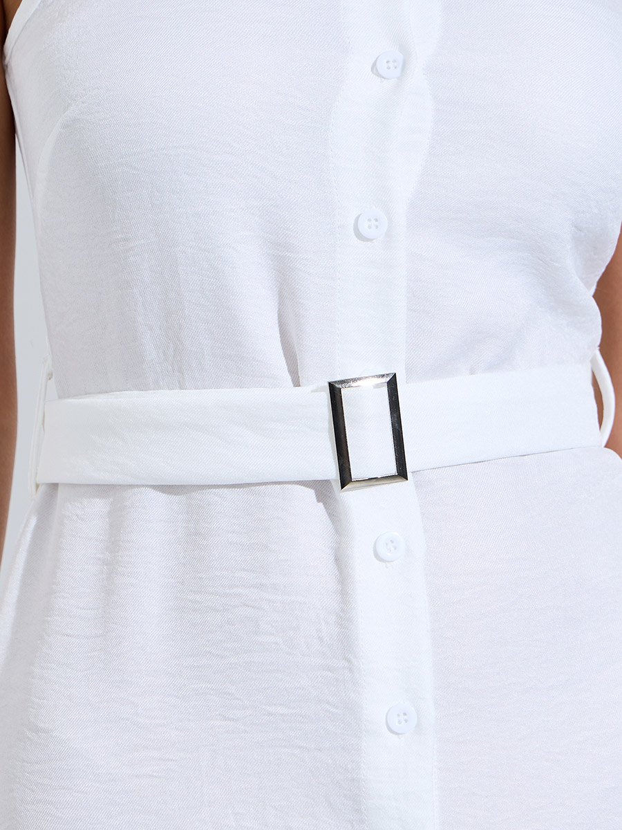 White Sleeveless Belted Shirt Midi Dress