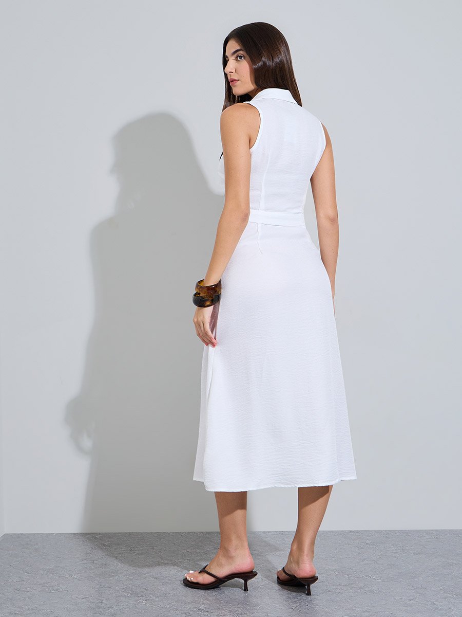 White Sleeveless Belted Shirt Midi Dress