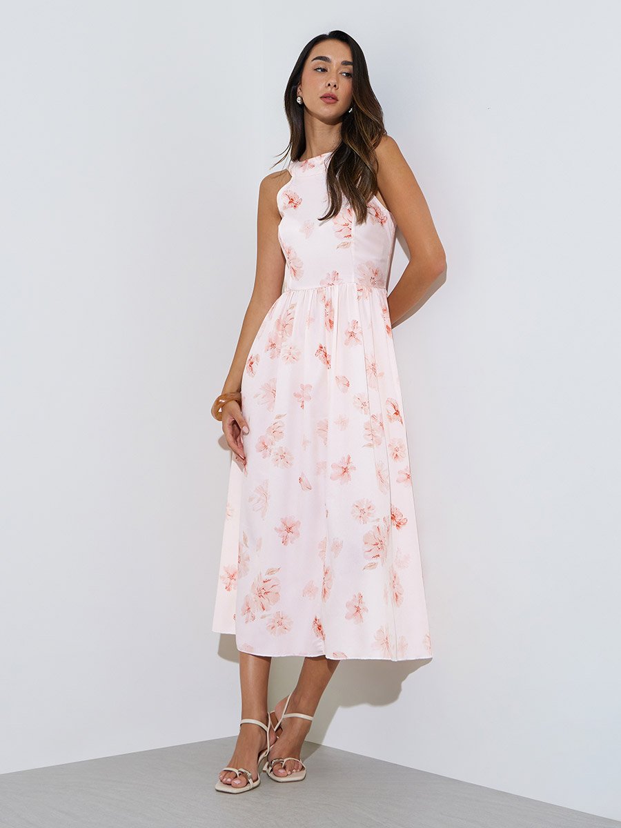 Pink Floral Sleeveless A-Line Midi Dress