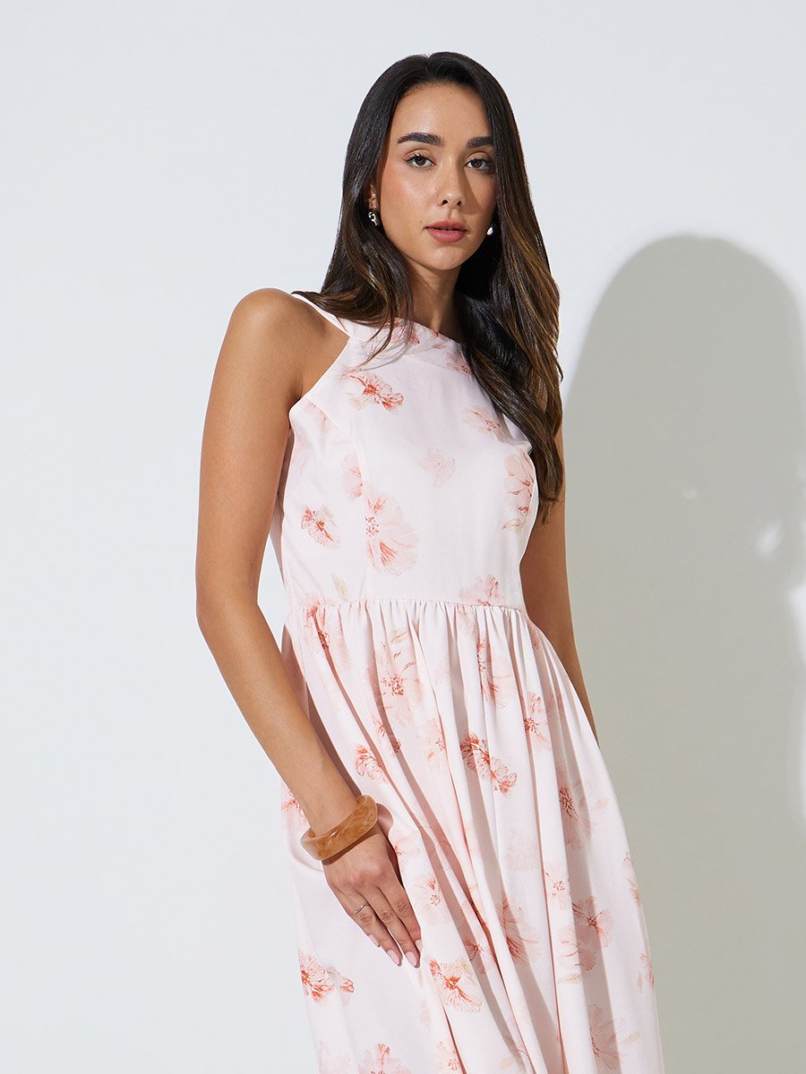 Pink Floral Sleeveless A-Line Midi Dress
