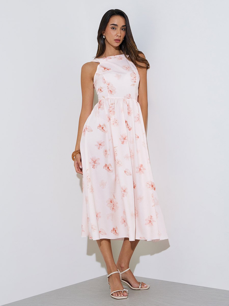 Pink Floral Sleeveless A-Line Midi Dress