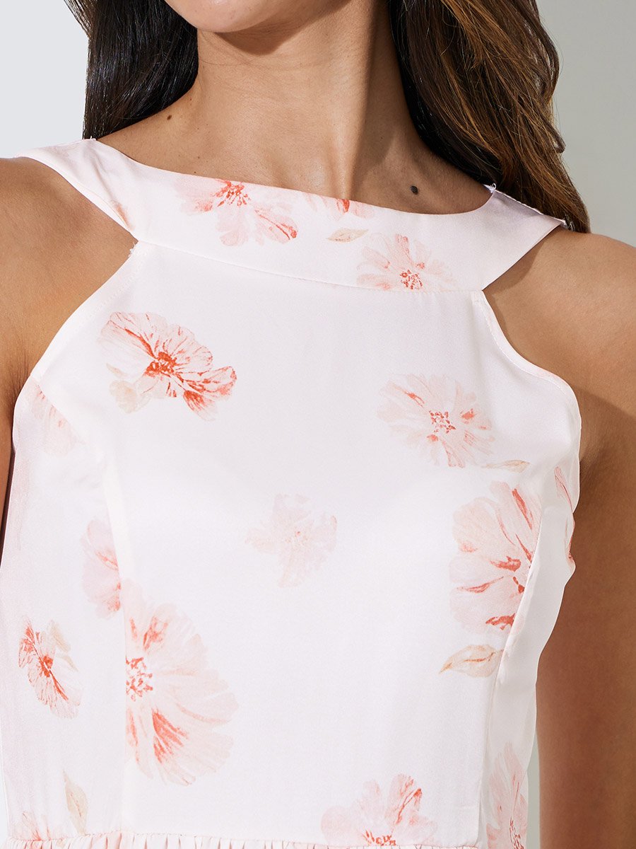 Pink Floral Sleeveless A-Line Midi Dress
