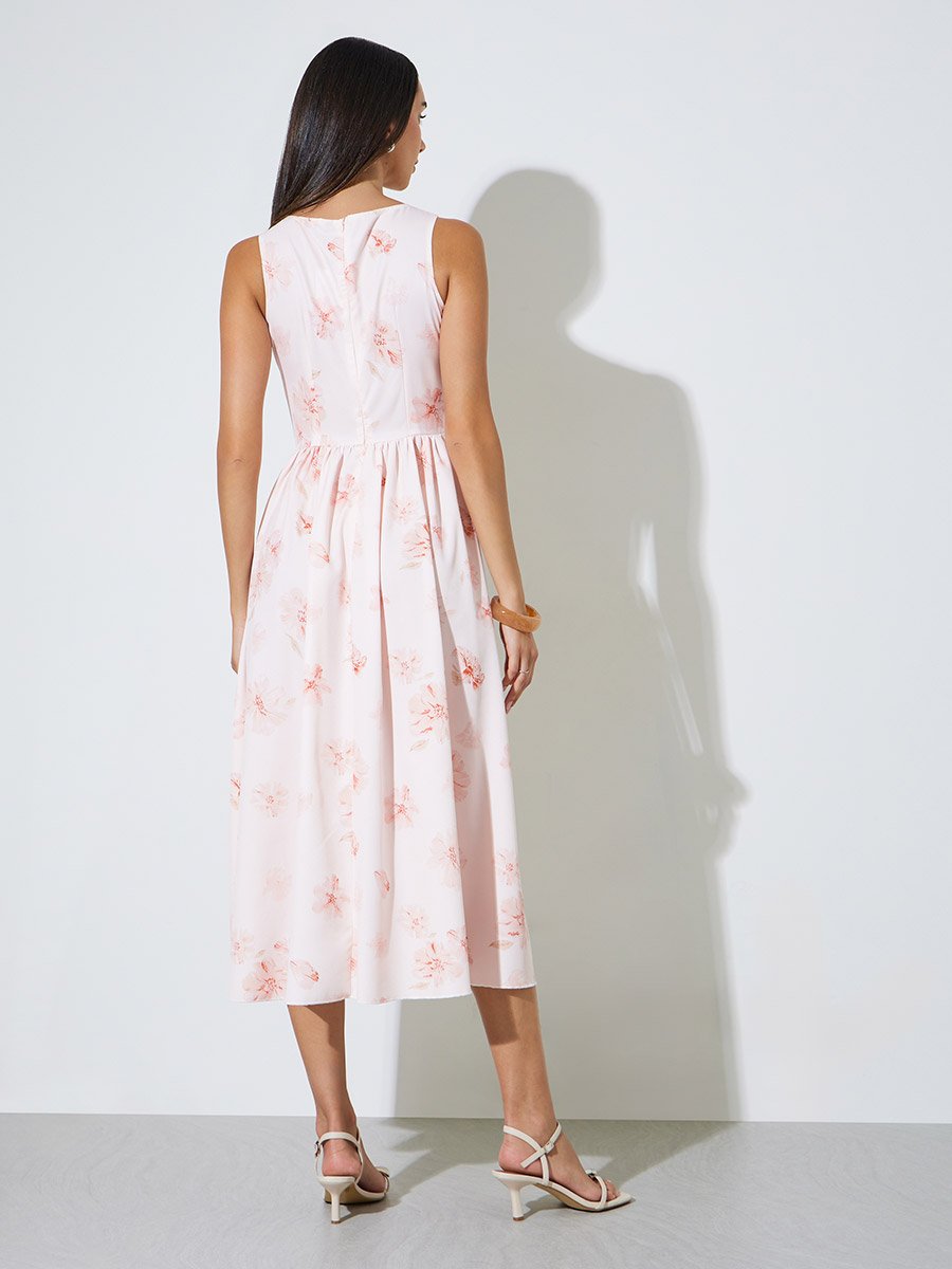 Pink Floral Sleeveless A-Line Midi Dress