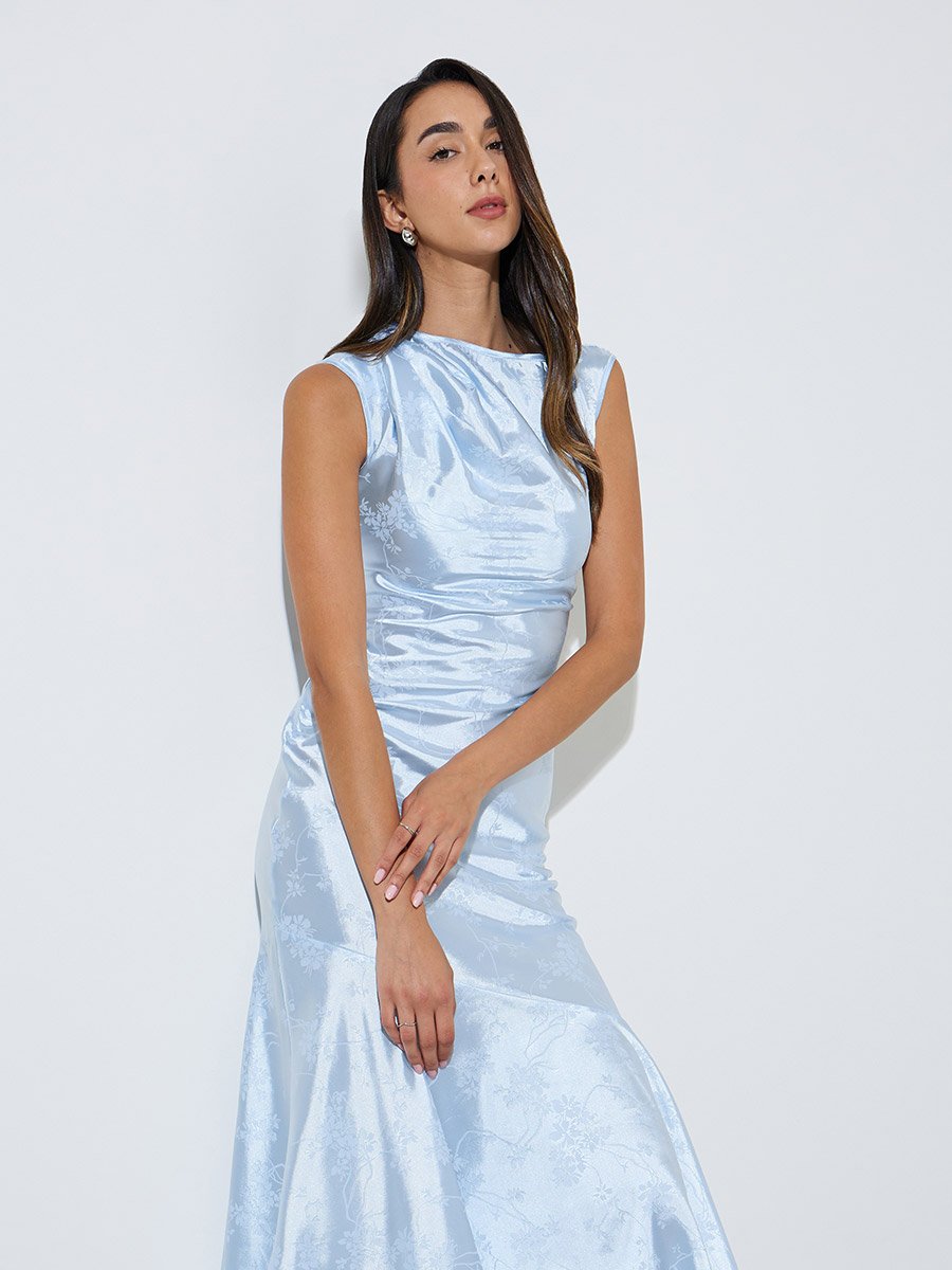 Blue Jacquard Mermaid Hem Midi Dress