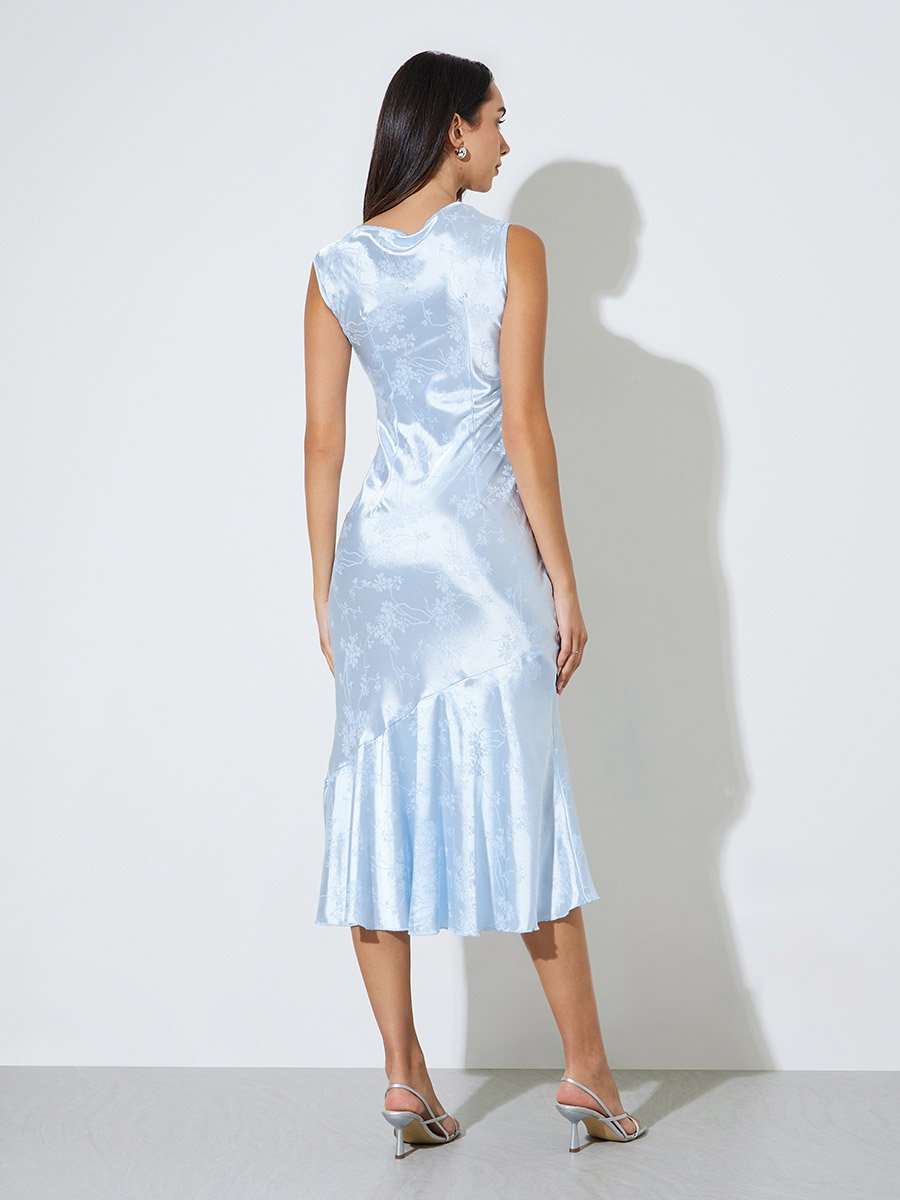 Blue Jacquard Mermaid Hem Midi Dress