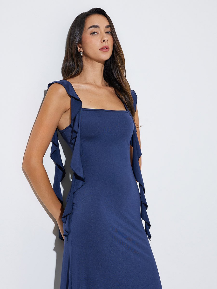 Blue Sleeveless Midi Dress with Ruffles