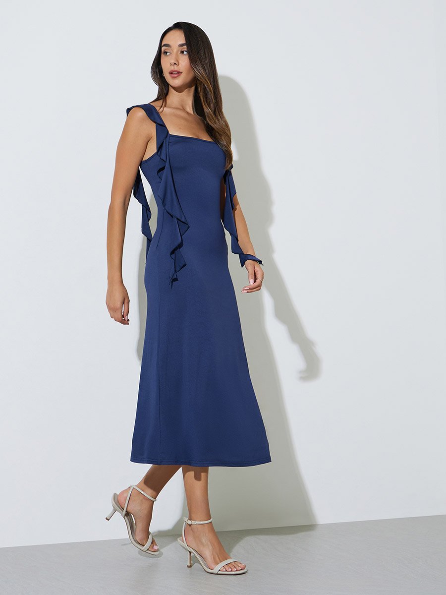 Blue Sleeveless Midi Dress with Ruffles