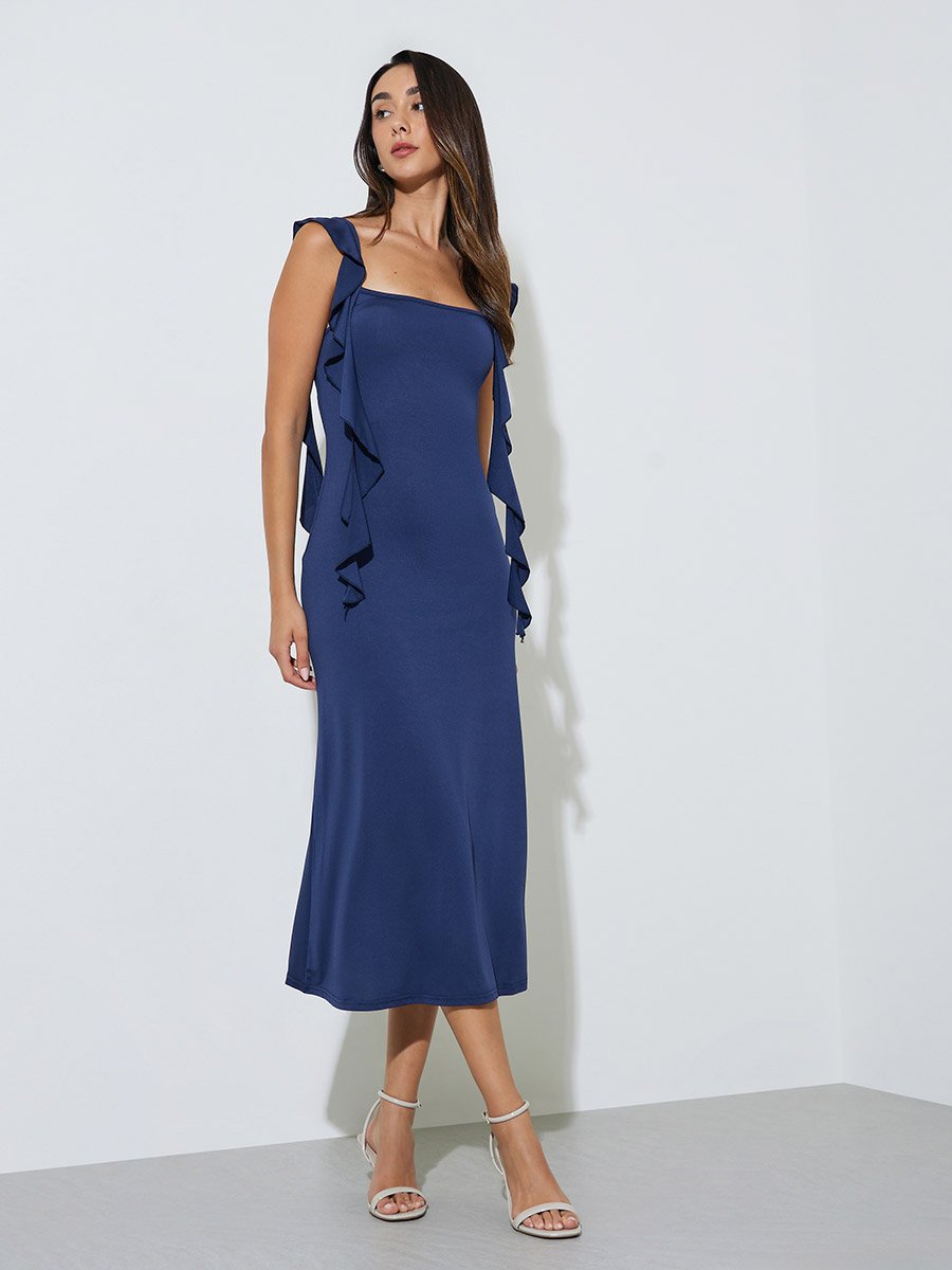 Blue Sleeveless Midi Dress with Ruffles