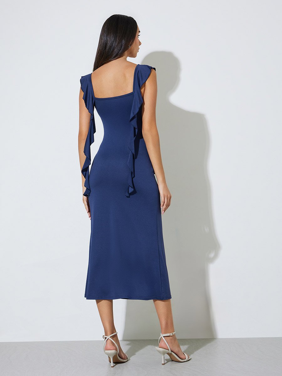 Blue Sleeveless Midi Dress with Ruffles
