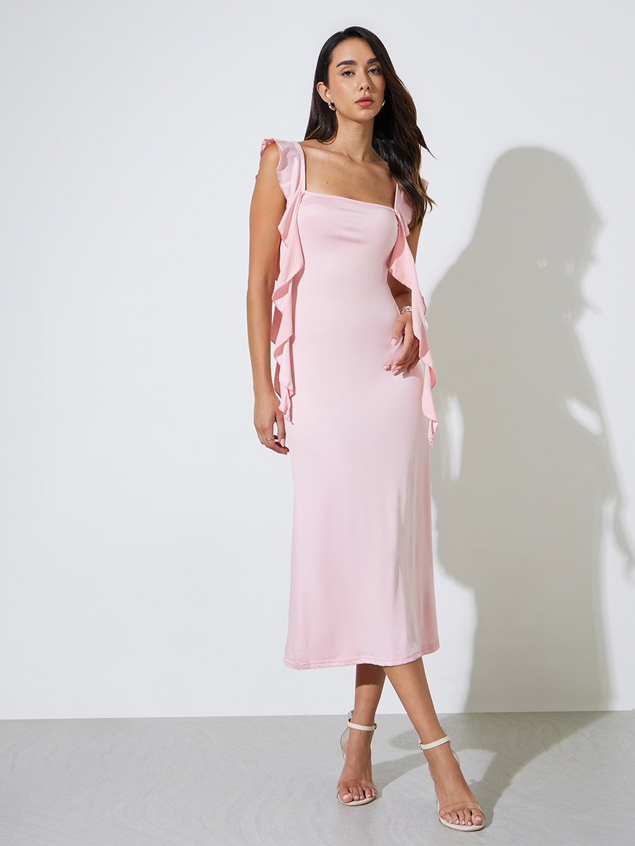 Pink Sleeveless Midi Dress with Ruffles