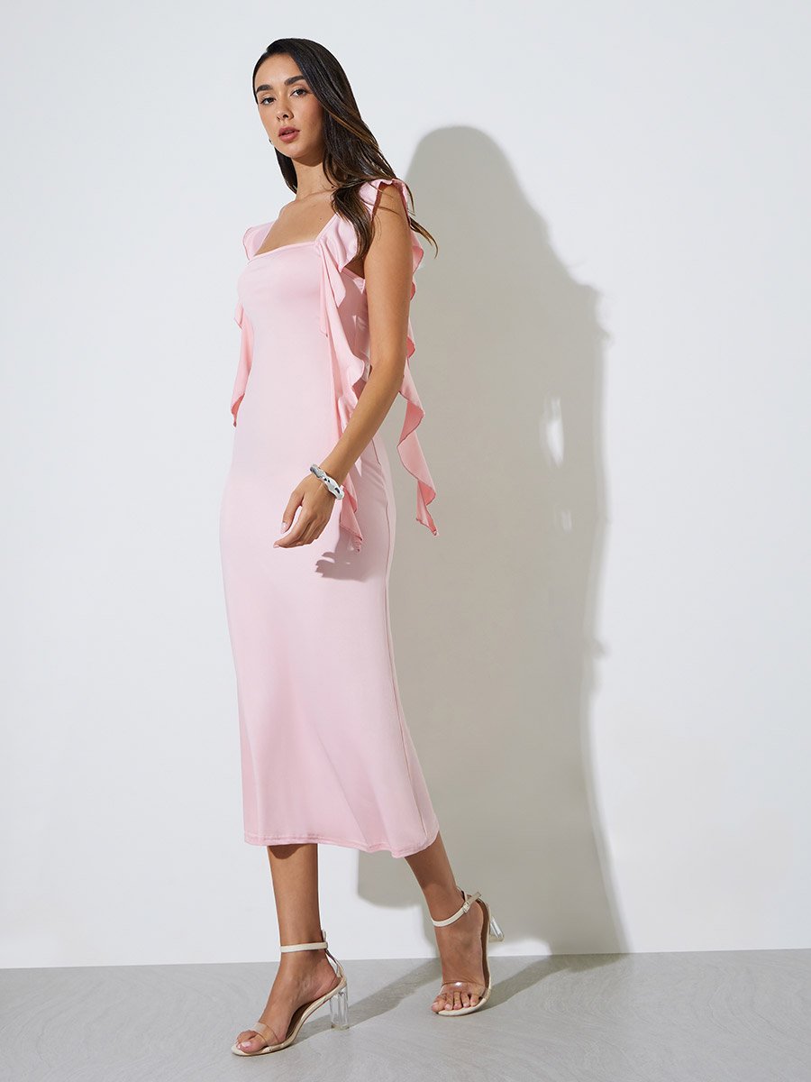 Pink Sleeveless Midi Dress with Ruffles