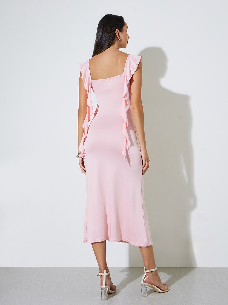 Pink Sleeveless Midi Dress with Ruffles
