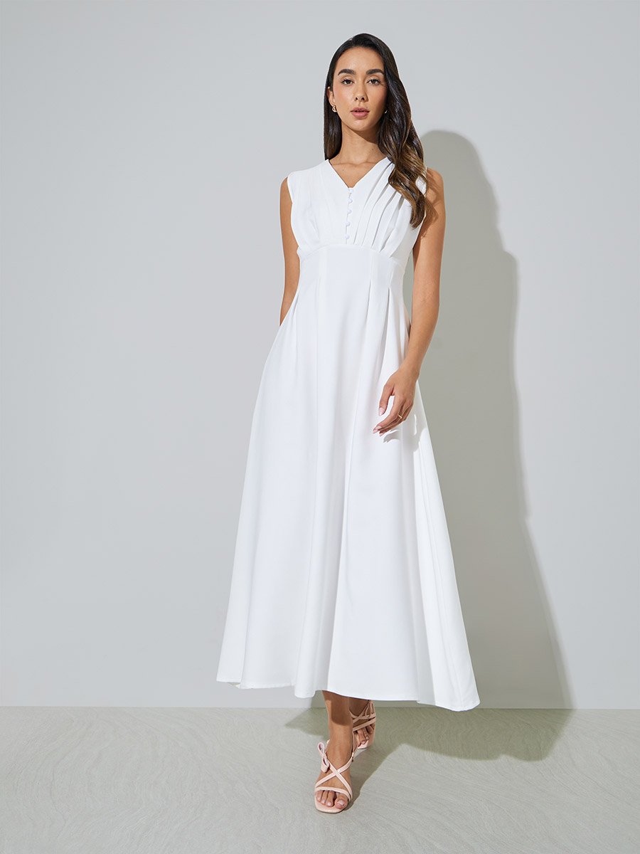 White Casual A-Line Midi Dress