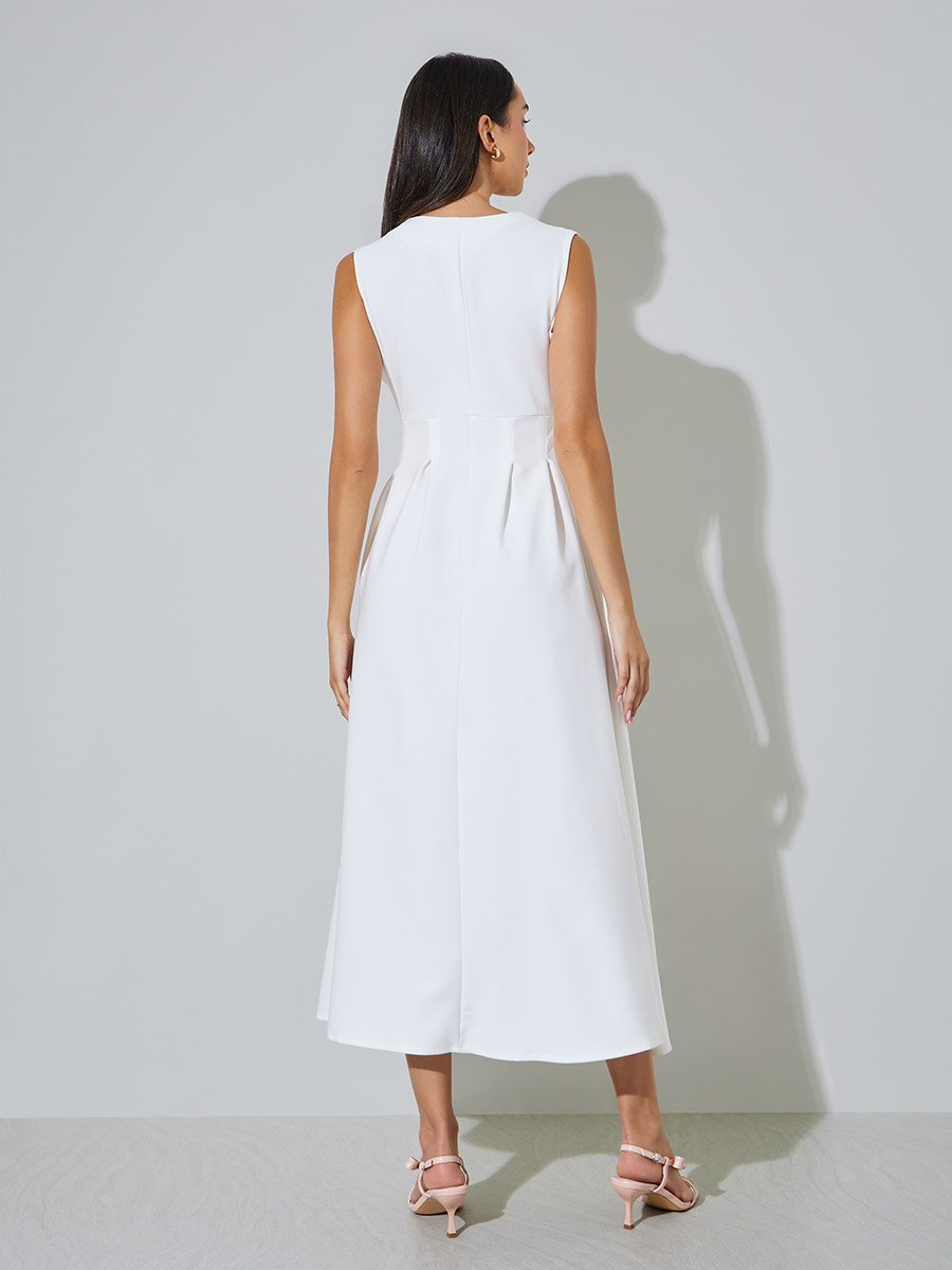 White Casual A-Line Midi Dress