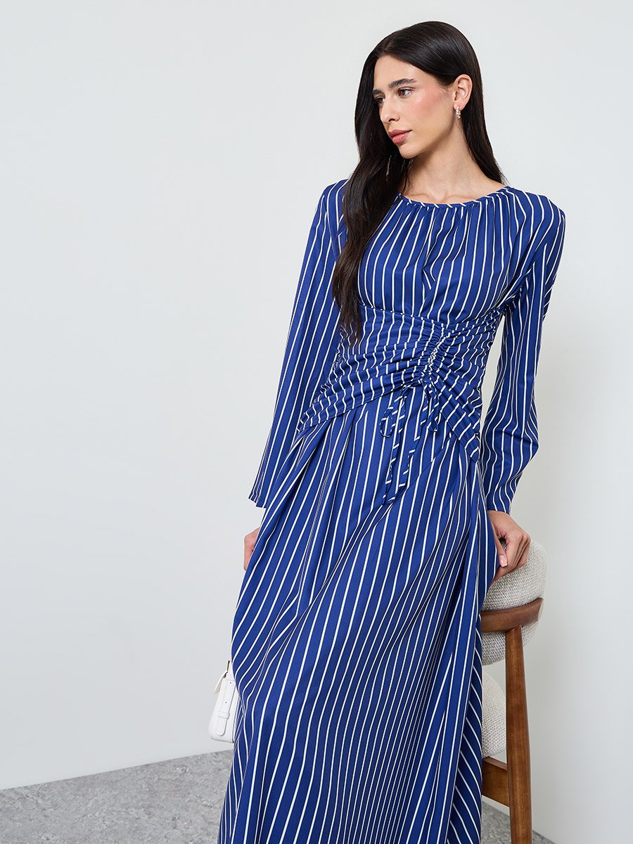 Blue Striped Ruched Midi Dress
