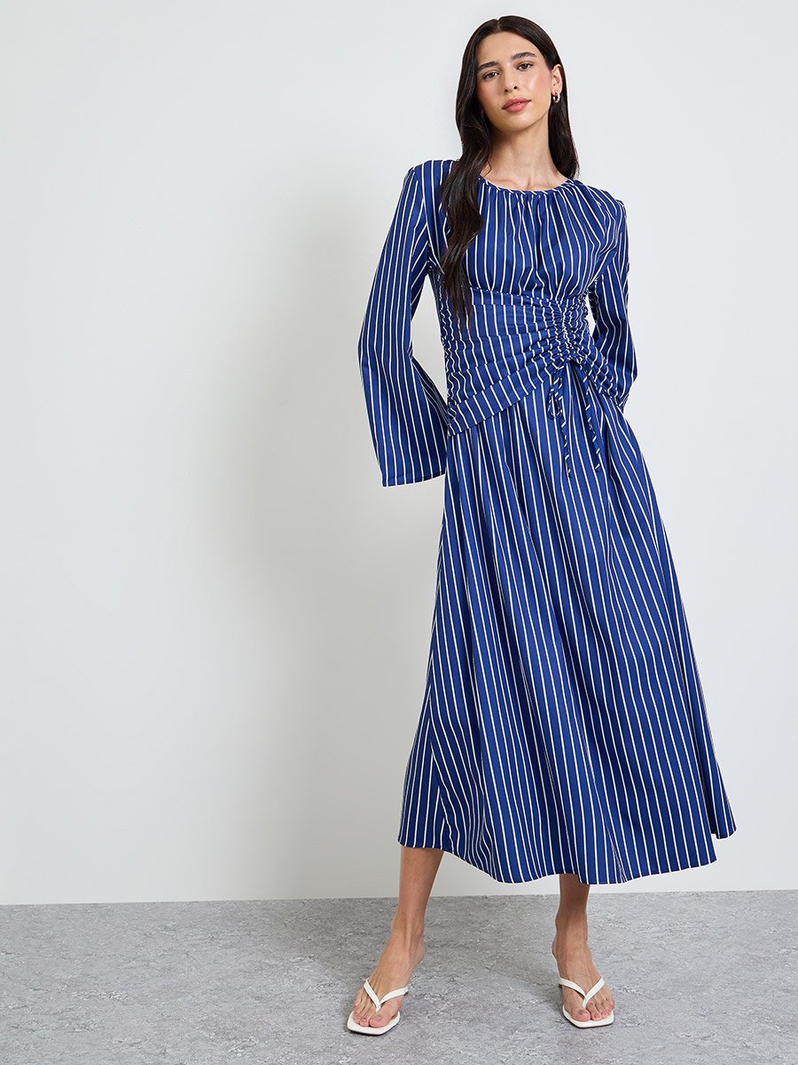 Blue Striped Ruched Midi Dress