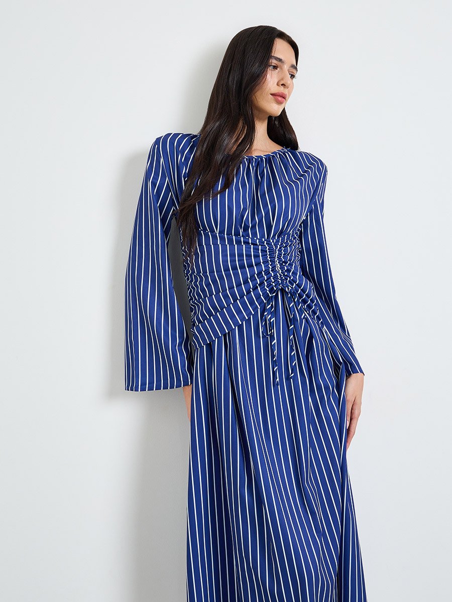 Blue Striped Ruched Midi Dress