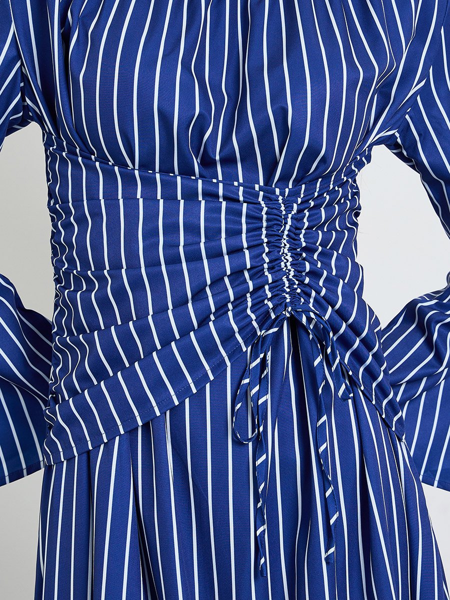 Blue Striped Ruched Midi Dress