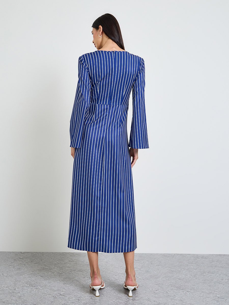 Blue Striped Ruched Midi Dress