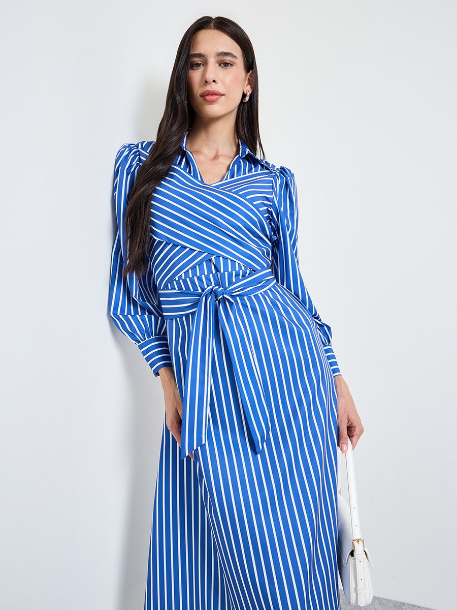 Blue Striped Cross-Band Shirt Midi Dress