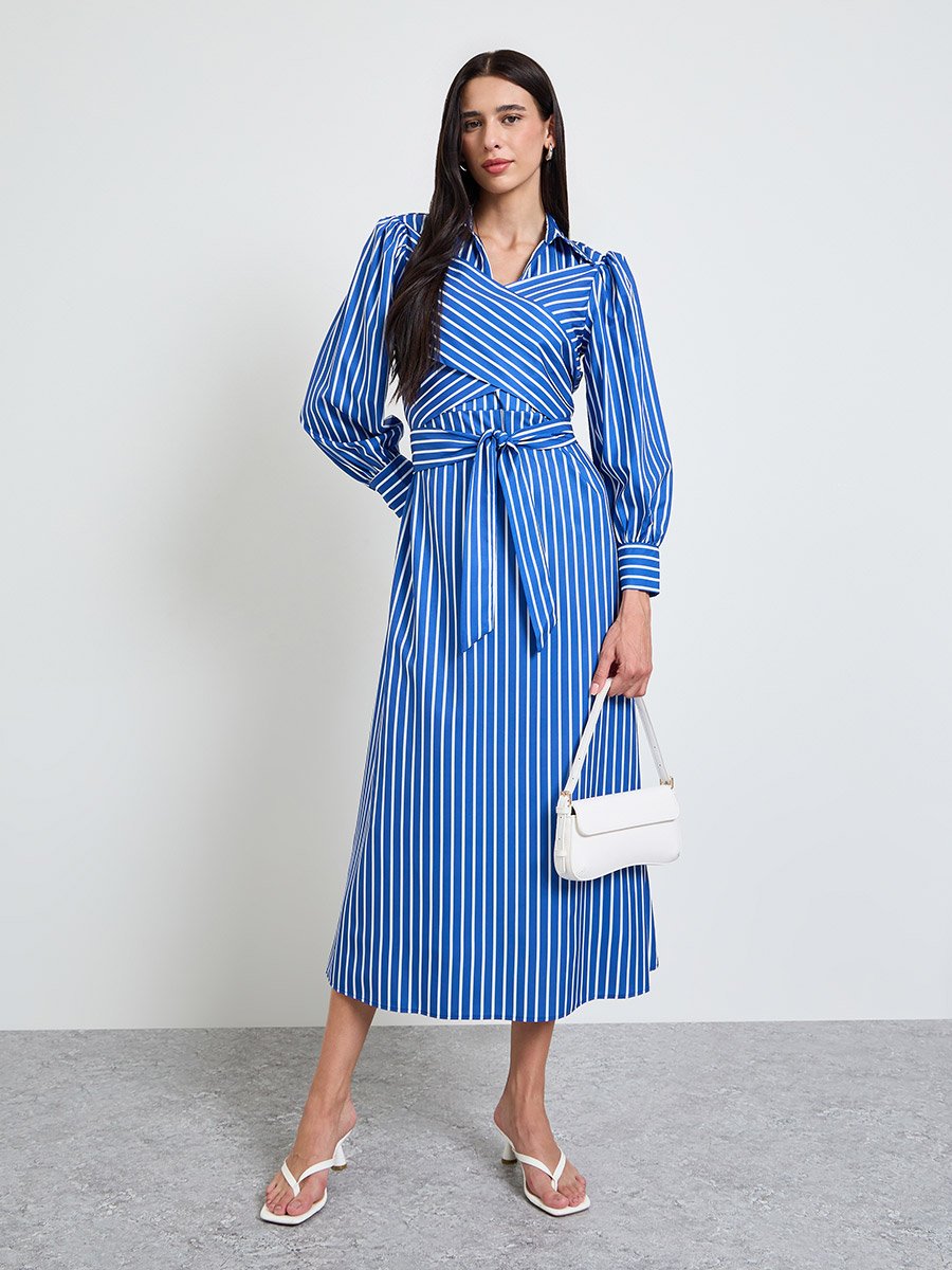 Blue Striped Cross-Band Shirt Midi Dress