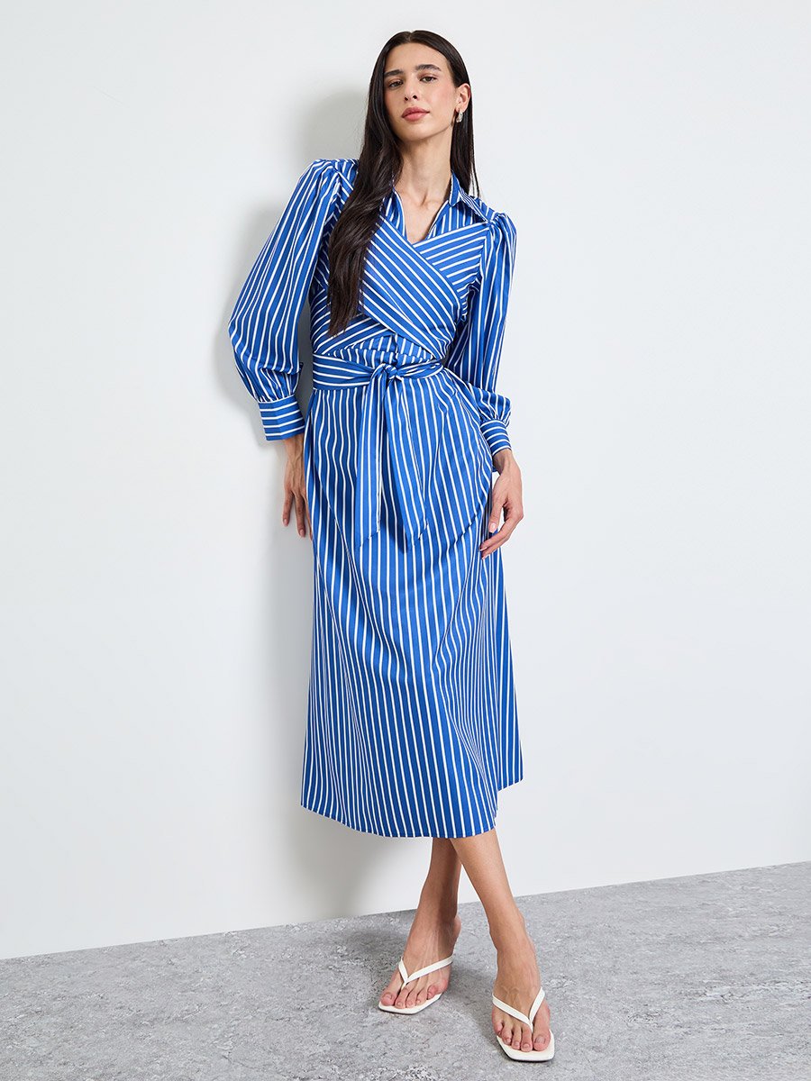 Blue Striped Cross-Band Shirt Midi Dress