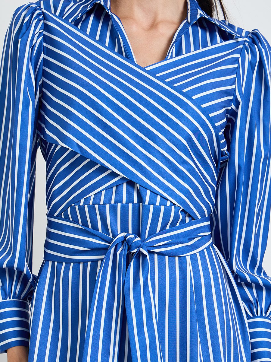 Blue Striped Cross-Band Shirt Midi Dress