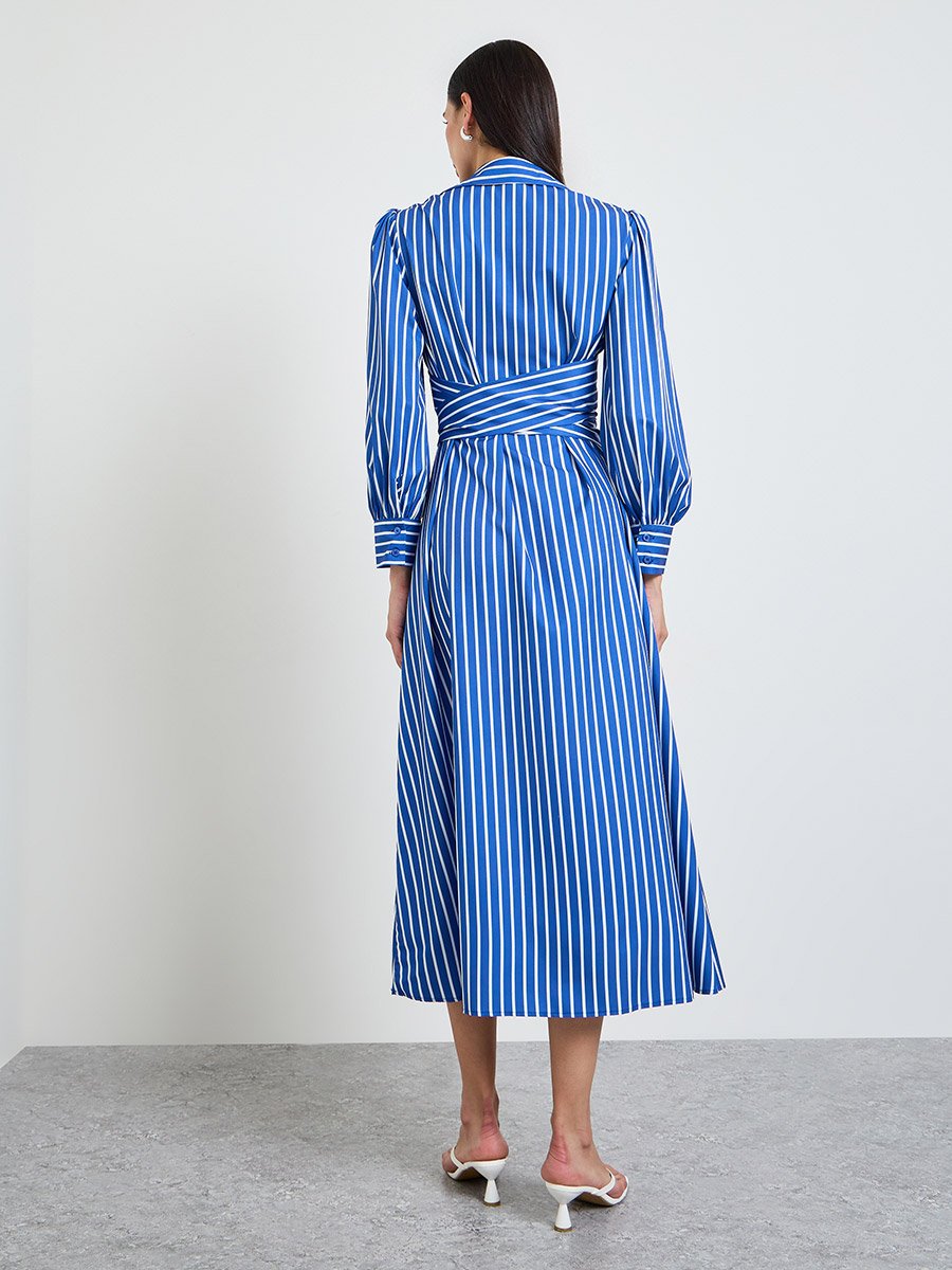 Blue Striped Cross-Band Shirt Midi Dress