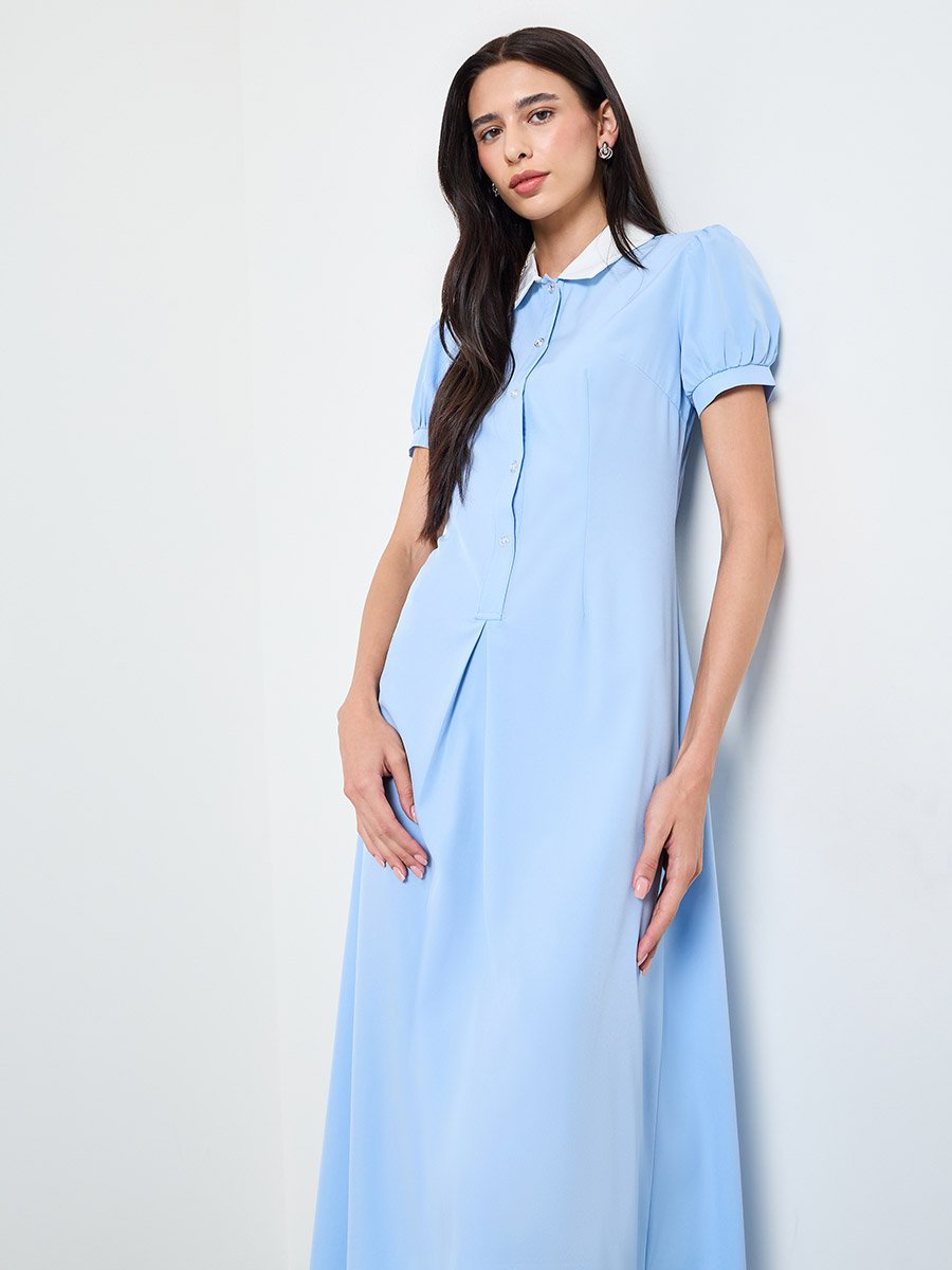Blue A-Line Midi Dress with Puff Sleeves