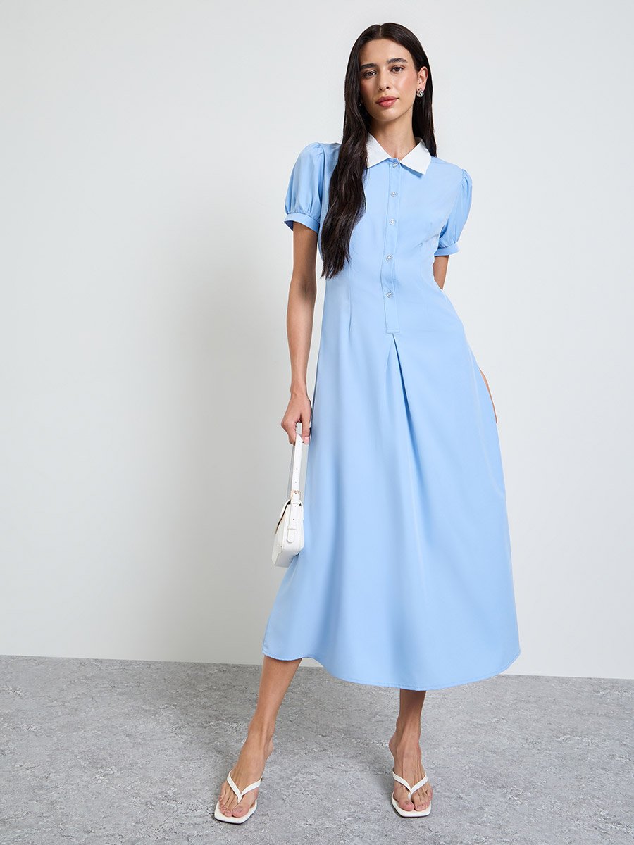 Blue A-Line Midi Dress with Puff Sleeves