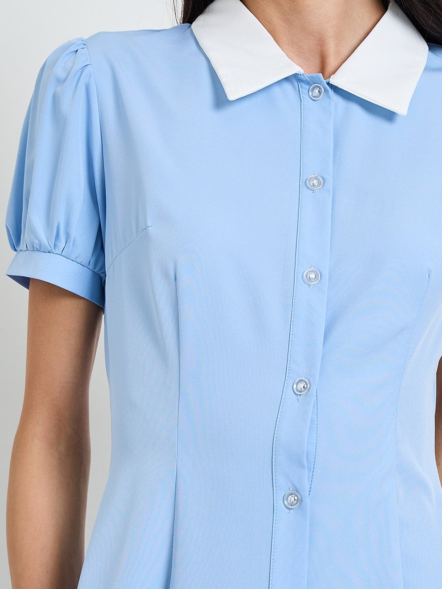 Blue A-Line Midi Dress with Puff Sleeves