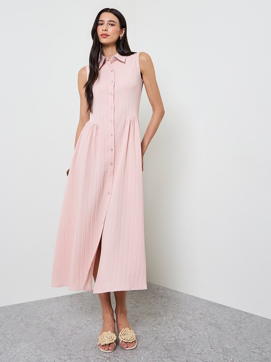 Pink Textured Sleeveless Shirt Midi Dress