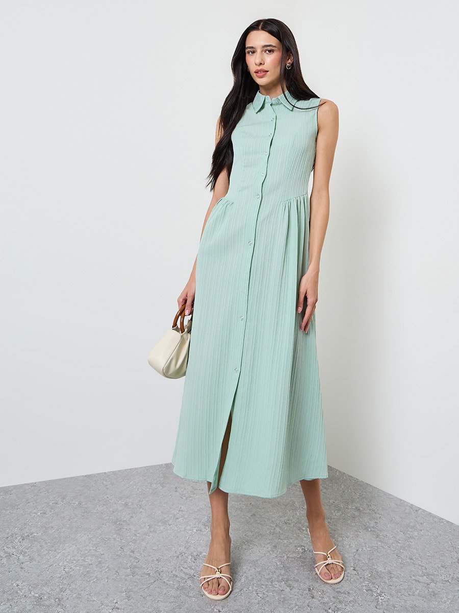 Green Textured Sleeveless Shirt Midi Dress
