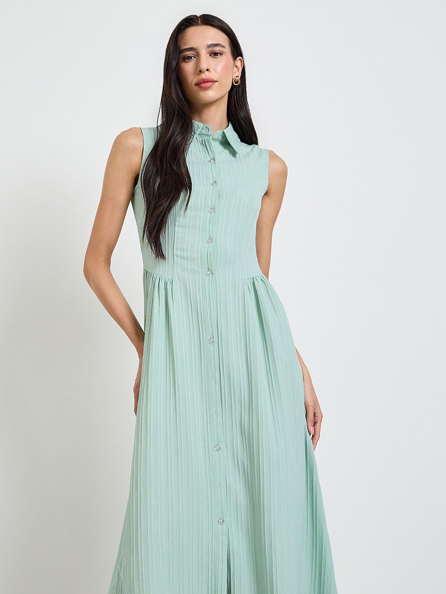 Green Textured Sleeveless Shirt Midi Dress