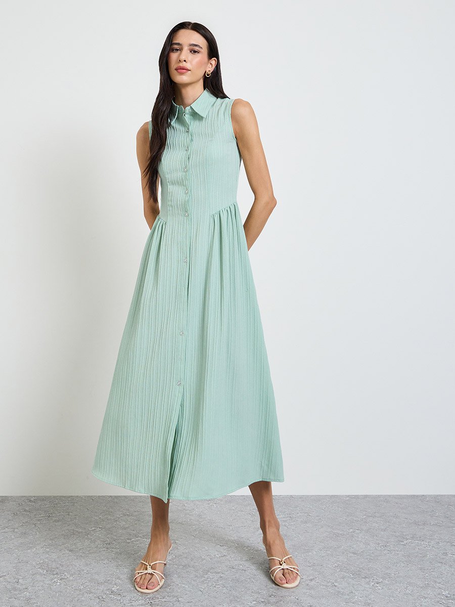 Green Textured Sleeveless Shirt Midi Dress