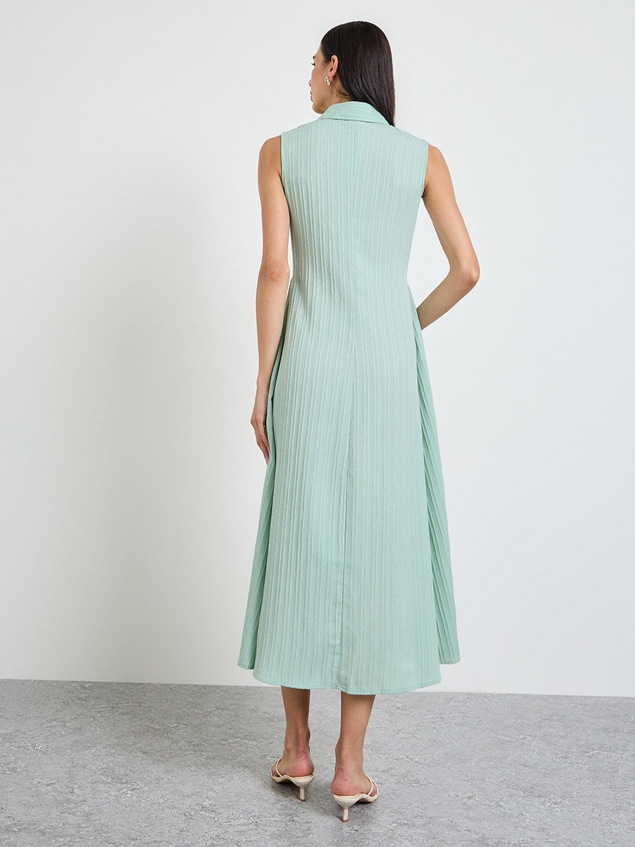 Green Textured Sleeveless Shirt Midi Dress