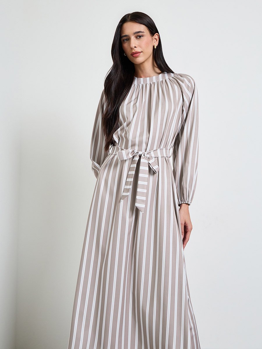 Beige Striped A-Line Maxi Dress with Tie-Belt