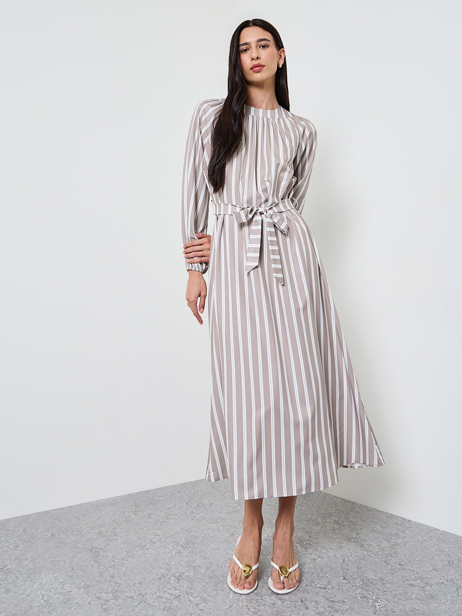 Beige Striped A-Line Maxi Dress with Tie-Belt