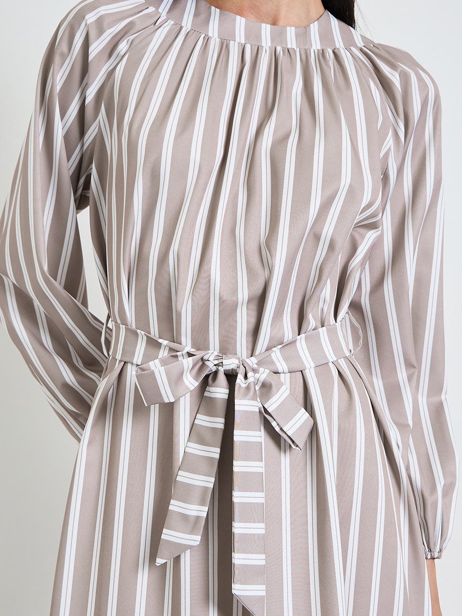 Beige Striped A-Line Maxi Dress with Tie-Belt