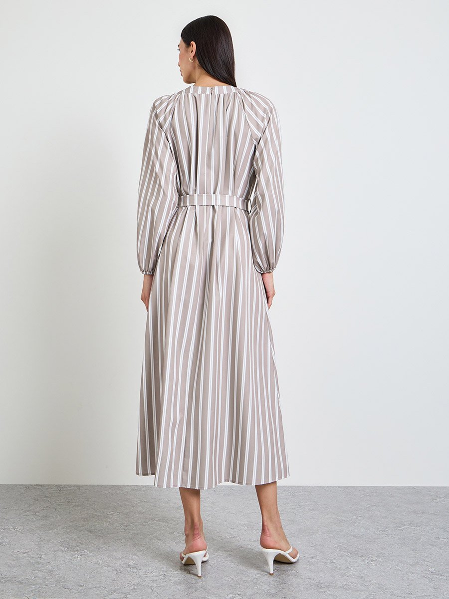 Beige Striped A-Line Maxi Dress with Tie-Belt