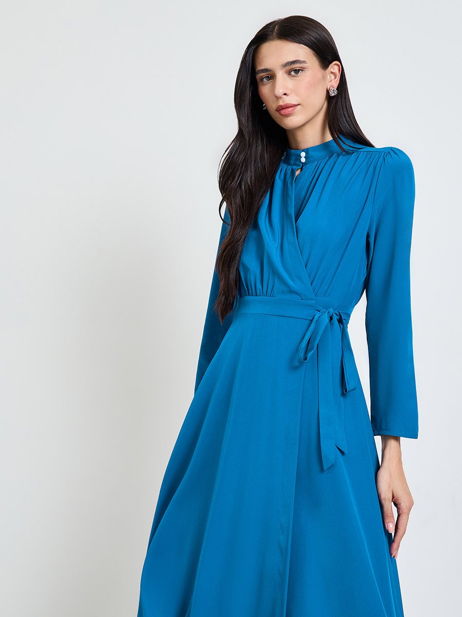 Blue Long Sleeves Wrap Midi Dress